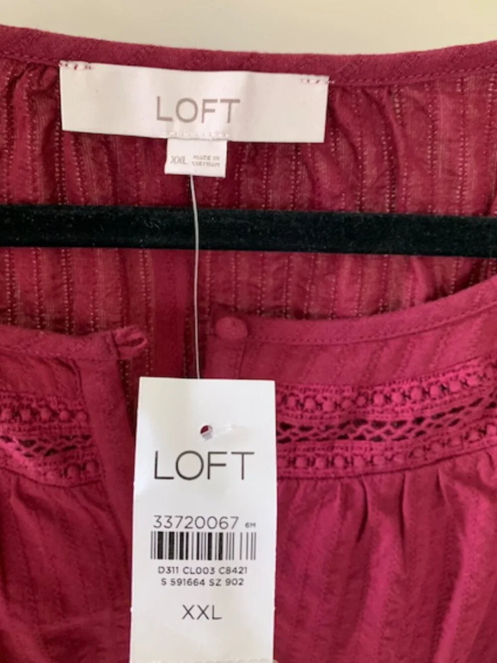 NWT LOFT Berry Magenta Burgundy Crochet Lace Trim Button Front Top XXL